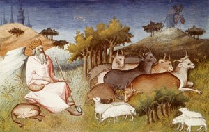 Ms Fr 2810, kuningas Dor vartioi laumaansa, miniatyyri Marco Polon ja Rustichellon Livre des merveilles du monde -kirjasta (Maailman ihmeiden kirja), n. 1410-1412 (tempera vellum) tekijältä French School