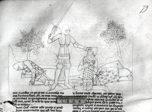 Ms Fr 343 f.79 Ritarin aseistaminen taistelukentällä, Lancelot du Lac tekijältä French School