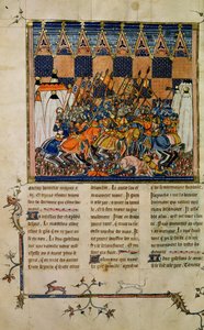 rouva Fr. 352 fol. 49v Taistelukohtaus Godefroi de Bouillonin elämäkerrasta, A History of Western Saints tekijältä French School