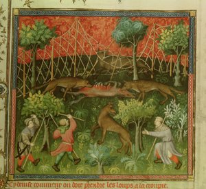 Ms Fr 616 fol.111 Susimetsästys verkkojen avulla Livre de la Chassesta, kirjoittanut Gaston Phebus de Foix (1331-91) tekijältä French School