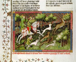 Gaston Phebus de Foix (1331-91) rouva Fr 616 fol. 77 Stag Hunting, Livre de la Chassesta