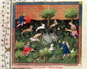 Ms Fr 616 fol.92 Jäniksen metsästys, Gaston Phebus de Foix (1331-91), Livre de la Chassesta, 1400-luvun loppu tekijältä French School