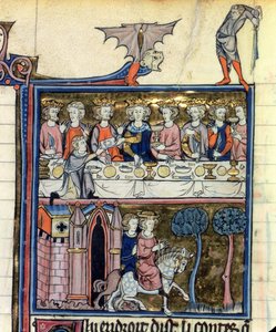 Ms Fr 95 f.326 Kuningas Arthur ja hänen ritarit pöydän ympärillä, lHistoire de Merlin, n. 1280-1290 tekijältä French School