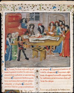 Ms H 184 fol.14v Dissektiotunti Montpellierin lääketieteellisessä tiedekunnassa, Guy de Chauliacin teoksesta "La Grande Chirurgie", 1363 tekijältä French School