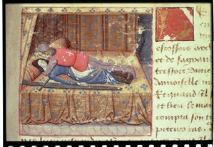 Ms Hunter 252 f.12r Sänkykohtaus, kirjasta "Les Cent Nouvelles Nouvelles". tekijältä French School