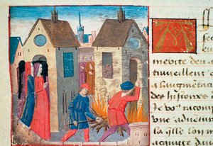 Ms Hunter 252 f.75v Talon polttaminen, Les Cent Nouvelles Nouvelles, 1462 tekijältä French School