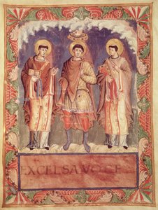 Ms Lat 1141 fol.2v Kaarle II:n (823-877) kruunaus Reimsin ja Trevesin arkkipiispojen kanssa, Sacrementaire de Metz (katso myös 159999) tekijältä French School