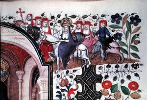 Ms Lat 1156b Fol.167 Yksityiskohta paavista muulissaan seurueineen, Pyhän Pietarin kuvasta, Marguerite d