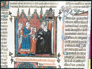 Ms Lat 3893 Fol.98 Vanhemmat tarjoavat piispalle rahaa viedäkseen poikansa luostariin, 1314 tekijältä French School