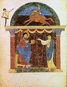 Ms Lat 8878 fol.3v Jeesus esittelee evankeliumin Pyhälle Luukalle, Asturian munkin Beatus of Liebana (n.776) Apokalypsin kommentista n.1028-72 (vellum) tekijältä French School