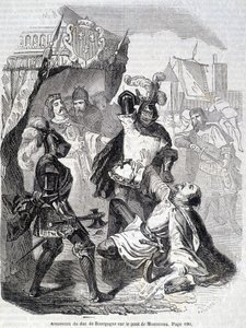 Burgundin herttuan (Jean sans Peur) murha Montereaun sillalla vuonna 1419 - teoksessa "Histoire de France", kirjoittaja L.-P. Anquetil tekijältä French School