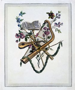Musiikki-instrumentit Oppenords-kuvioiden kaiverrettujen levyjen kirjasta, julkaistu 1745rn tekijältä French School
