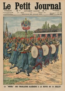 Algerialaisten jalkaväkimiesten musiikkijakso 14. heinäkuuta pidetyssä katselmuksessa, etukannen kuvitus lehdestä "Le Petit Journal", supplement illustre, 20. heinäkuuta 1913.