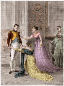 NAPOLEON Bonaparte (1769-1821), Ranskan keisari, myöntämässä Madame de Polignacille miehensä elämän armon (Jules Armand (Jules-Armand), prinssi de Polignac tekijältä French School