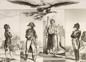 Napoleon Bonaparte (1769-1821) neljässä elämänsä vaiheessa Colartin "Histoire de France" -kirjasta, julkaistu n. 1840 tekijältä French School