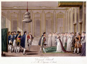 Napoleon pyytää Marie Louisea naimisiin Itävallan vaikutuksen kanssa - "" Historiallinen yhteenveto Ranskan ja Itävallan välisestä sodasta vuonna 1809 "" tekijältä French School