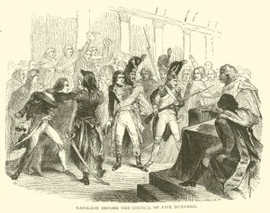 Napoleon viidensadan neuvoston edessä (kaiverrus) tekijältä French School