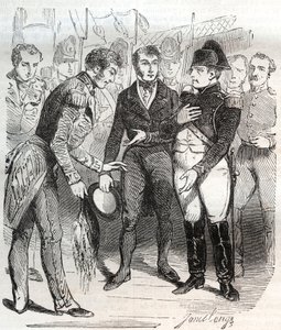 Napoleon uskoo brittiläiseen uskoon - Napoleon Bonaparte astuu brittiläiselle Bellerophon-alukselle, joka vie hänet maanpakoon St Heleneen (Saint Helene) 14. heinäkuuta 1815 - Napoleon Bonaparte astuu brittiläiseen Bellerophon-alukseen, joka vie hänet maan tekijältä French School