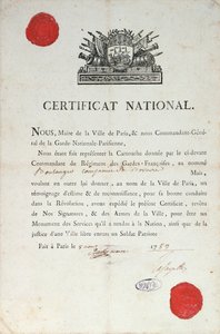 Kansallinen todistus hyvästä käytöksestä Ranskan vallankumouksen aikana, 8. elokuuta 1789 Pariisissa tekijältä French School