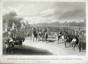 Kansalliskaartin sotilaat suojelevat Pariisin kansalliskokousta. Kaiverrus Ranskan 1848 vallankumouksen aikana (kaiverrus) tekijältä French School