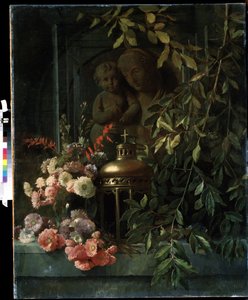 ""Asetelma"" (Madonna lapsen kanssa, lyhty, kukat (mukaan lukien neilikka) Ranskalaisen koulun maalaus 1800-luvulta. Mikhail Kroshitsky Art Museum, Sevastopol (Sevastopol) Ukraina tekijältä French School