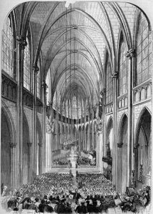 Uusgoottilainen arkkitehtuuri: sisäkuva Sainte Clotilden (1846-1857) kirkosta Pariisissa sen avajaisissa 30. marraskuuta 1857. Bertrandin kaiverrus "" Le Monde Illustré" -kirjassa nro 34 5. joulukuuta 1857. tekijältä French School