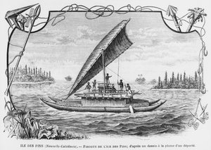 Uusi-Kaledonia, Isle of Pinesin pirogue, kynällä ja musteella piirretty karkotetusta henkilöstä, kuvitus tiedotteesta Les Missions Catholiques, 1893 tekijältä French School