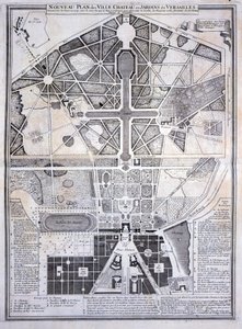 Versaillesin kaupungin, linnan ja puutarhan uusi suunnitelma, 1714, Les Plans, Profils et Elevations des Villes et Chateau de Versailles, julkaistu noin 1715 tekijältä French School