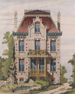 Normannilainen huvila Villers sur merissa, Normandiassa, kuvitus Le Moniteur des architectesista, 1883 (värikaiverrus) tekijältä French School