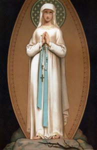 Notre Dame de Lourdes: Neitsyt Marian esitys sellaisena kuin se olisi näyttänyt Bernadette Soubirousille Lourdesin luolassa vuonna 1858. Kromolitografia. Henri Lasserren "" Notre Dame de Lourdesin" etukuva tekijältä French School
