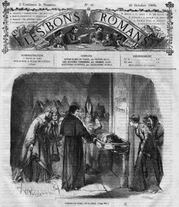 Romaanisarja: Victor Hugon (1802-1885) "Notre Dame de Paris". Pappi päättää adoptoida Quasimodon. Kaiverrus "" Les bons romances"" tekijältä French School