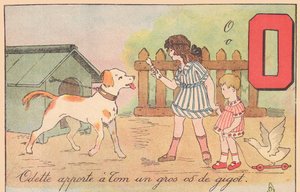 Odette tuo Tomille ison sääriluun, noin 1920 (vedos). tekijältä French School