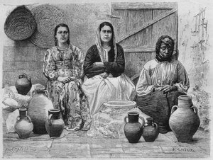 Öljykauppiaita Jerusalemissa Syyriasta tänään. Matkustaa Foinikiassa, Libanonissa ja Juudeassa. Louis Charles Emile Lortetin 1875-1880, 1884 (bw-kaiverrus) tekijältä French School