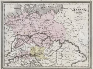 Old Germania - Levy, joka on otettu Vuilleminin muinaisen ja modernin maantieteen yleismaailmallisesta atlasesta asuinkouluille - noin. 1845 tekijältä French School