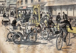 5. lokakuuta 1899 postitoimiston alivaltiosihteeri Leon Mougeot (1857-1928) johti polkupyörien ja erilaisten autojen ensimmäisiä testejä postin nostamiseksi Pariisin XII kaupunginosan keskuspostissa. . Kaiverrus "" Le P tekijältä French School