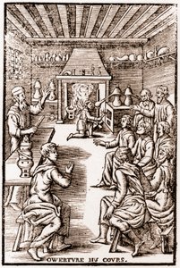 Transmutatorisen kemian kurssin avaus - kaiverrus 1653 kirjaan "" LE VRAY ET METHOD COURSES DE PHYSICS RESOLUTIVE" Annibal Barlet tekijältä French School