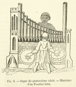 1400-luvun urut, latinalaisen psalterin pienoismalli (kaiverrus) tekijältä French School