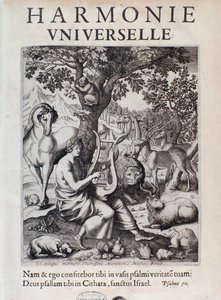 Orfeus soittaa eläimille. Marin Mersennen kirjoittaman Harmonie universelle -teoksen etukuva tekijältä French School