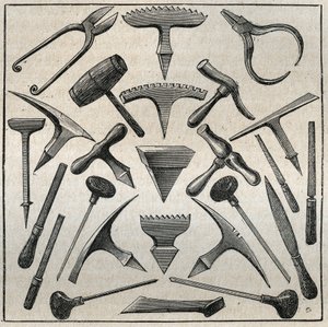 Golfevren työkalut. Kaiverrus vuodelta 1885 kirjaan "Les arts et professions illustrés", kirjoittanut Adolphe BITARD. tekijältä French School