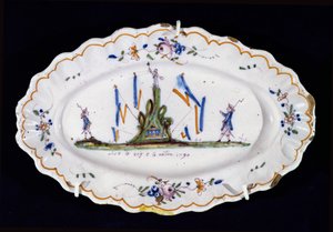 Soikea lautanen tekstillä Vive le Roi et la Nation 1790, Nevers workshop, (keraaminen) tekijältä French School