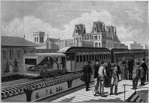 Yleiskatsaus Elevated Railroad -asemasta ja sähköjunasta New Yorkissa, Yhdysvalloissa. Kaiverrus "" La Nature -kirjaan. Revue des sciences et de ses applications aux arts et a l