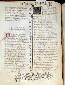 Sivu otettu William of Machautin (noin 1300-1377) Charles II:lle vuonna 1357 omistetusta käsikirjoituksesta "" Comfort d