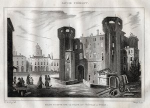 Aostan palatsi Place du Chateau -aukiolla Torinossa - Kaiverrus "Italia maalauksellinen"" - Italian historiallinen ja kuvaava maalaus", M. de Norvins, Ch. Nodier 1834-1836. tekijältä French School