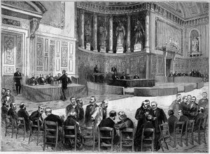 Palais du Luxembourg Pariisissa: vaalit 30. tammikuuta Seinen departementin senaattorien vaaleille. Seisten, toisessa kädessä oleva tuoli tunnetaan Victor Hugo (1802-1885), poliitikko. Kaiverrus "" L