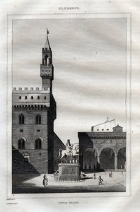Palazzo vecchio Firenzessä - Piazza della Signoria - Kaiverrus "" Maalauksellisesta Italiasta" - Italian historiallinen ja kuvaava maalaus", M. de Norvins, Ch. Nodier 1834-1836. tekijältä French School