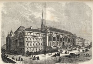 Pariisi - oikeustalon uusi julkisivu, jonka rakensi Joseph-Louis Duc (1802-1879) - (Länsi julkisivu, Rue de Harlay) kaiverrus vuodelta 1869 tekijältä French School