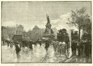 Pariisi näyttelyn aikana, Place de la Republique, näyttelyn autojen lähtöpaikka, sadepäivänä (kaiverrus) tekijältä French School