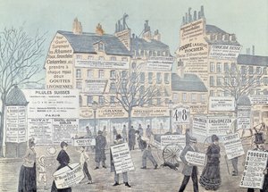 Pariisin katukuva ja paljon mainoksia, pääasiassa lääkkeitä varten, 1885 (värikaiverrus) tekijältä French School