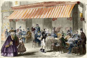 Pariisi 1800-luvulla. Boulevard des Italians vuonna 1859: kahvila Helderin ulkopuolella kello viisi illalla. tekijältä French School