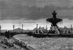 Pariisi lumen alla, talvi 1879-1880: näkymä yhdelle Place de la Concorden suihkulähteistä pakkasen aikana. Kaiverrus Scottin teoksessa "" The Illustrous World"" nro 1188 3. tammikuuta tekijältä French School
